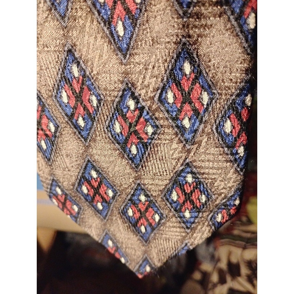 JZ RICHARDS Nordstrom Tie‎ Silk Handcrafted Checkered Diamond Pattern Tan Brown